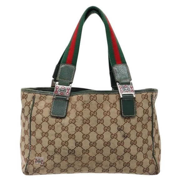 GUCCI GG Canvas Web Sherry Line Tote Bag Beige Green Red Auth - Picture 2 of 16